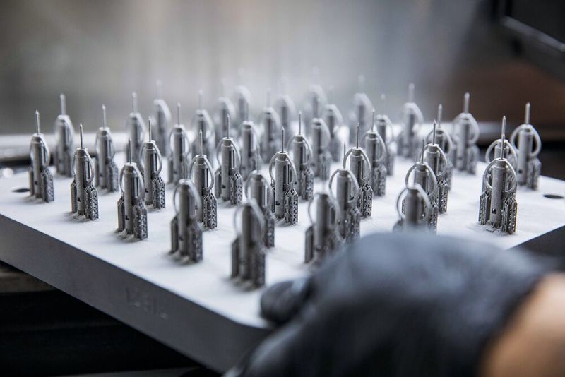Im Direkten-Metall-Laser-Sintern(DMLS) hergestellte Bauteile inklusive Stützstrukturen auf der Bauplattform.