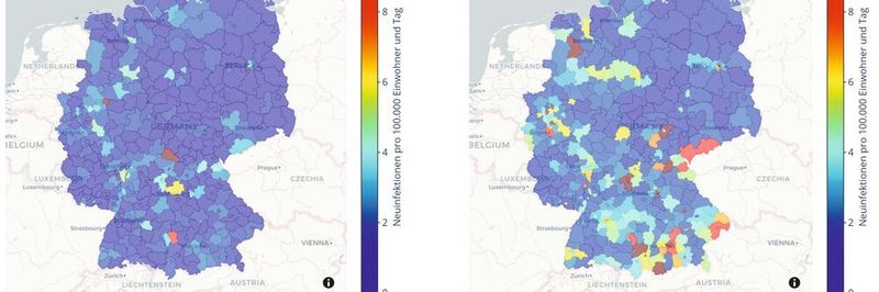 Tagesaktuelle Corona-Auswertung für jeden deutschen Landkreis (Vorhersagebeginn: 22.9.2020): Vergleich der Meldedaten (links oben) und der Abschätzung der aktuellen realen Fallzahlen (Nowcast, rechts oben) sowie der Prognosen für unterschiedliche Landkreise (unten).