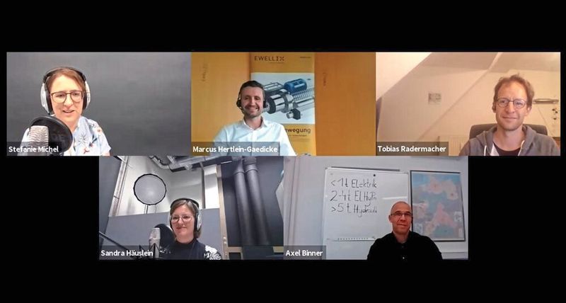 Stefanie Michel, Marcus Hertlein-Gaedicke, Tobias Radermacher, Axel Binner und Sandra Häuslein (v.o.l. im Uhrzeigersinn) diskutierten virtuell über elektromechanische und hydraulische Antirebssysteme.