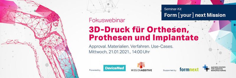 In dem Fokuswebinar zum Thema 3D-Druck für Orthesen, Prothesen und Implantate erfahren Sie alles über die Einhaltung und Umsetzung wichtiger Normen in der Medizintechnik, geeignete Materialien und deren Einsatz in der additiven Fertigung von Medizinprodukten sowie Use Cases.