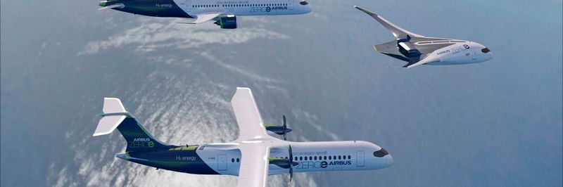 The three ZEROe hydrogen-powered aircraft concepts. Top to bottom: turbofan, blended-wing body, and turboprop.