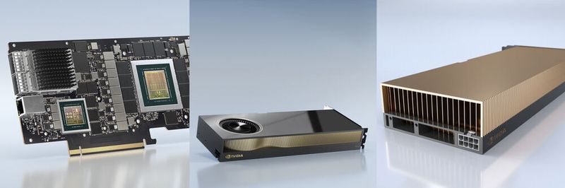 AMpere allerorten: Die Workstation und Serverkarten RTX A6000 und A40 sind ebenso mit der neuen Nvidia-GPU ausgestattet, wie die DPU-Karte Bluefield-2X.