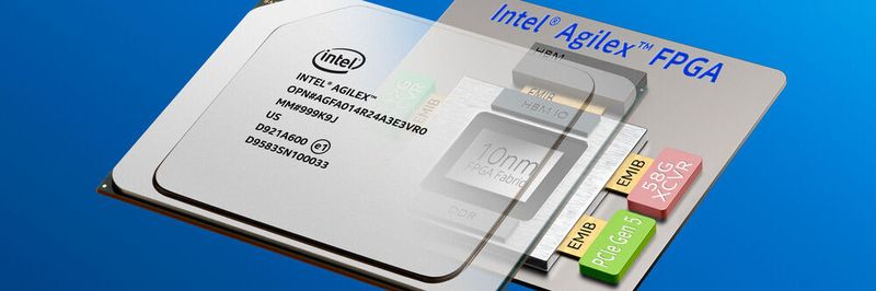 Heterogene Integration: Bei seinen Agilex-FPGAs verbindet Intel Einzelchips (Chiplets) per EMIB-Interconnects (Embedded Interconnect Bridge) zu einem komplexen Chipsystem.