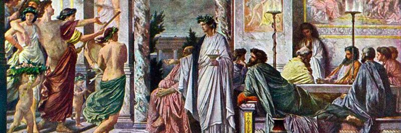 Nomen est omen? „Anthos“ (Blume) ist ein Stück des athenischen Dramatikers Agathon aus dem 5. Jahrhundert v. Chr. Das Stück ist verloren gegangen. Anselm Feuerbach stellt hier eine Szene aus Platons Symposium dar, in der der Tragiker Agathon den betrunkenen Alcibiades in seinem Haus empfängt.