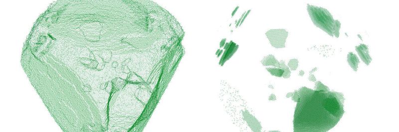 Kinetic Monte Carlo atomistic simulation of the growth process of a silicon carbide nanoparticle. The figure on the left shows the surface atoms of the nanoparticle, while the figure on the right highlights various stacking defects that were generated during the growth process. The nanoparticle has a size of about 50 nm.