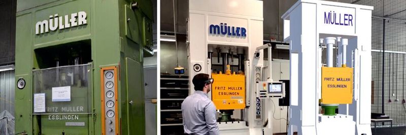 Presse vor dem Retrofit (links), nach dem Retrofit (Mitte), digitaler Zwilling (rechts).