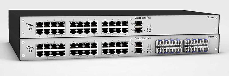 IHSE hat die 24- und 40-Port-Switches der Draco-Tera-Flex-Serie mit 1 HE für den Einbau in 19-Zoll-Racks entwickelt.