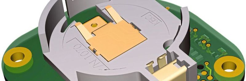 3D-Modell eines Sensor-Beacon für 3-Achsbeschleunigung und Umgebungsbedingungen: Die Stromversorgung liefert eine austauschbare Knopfzelle, für die eine Kavität im Sensormodul nötig ist.