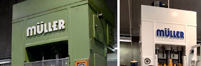Presse vor dem Retrofit (links), nach dem Retrofit (Mitte), digitaler Zwilling (rechts).
