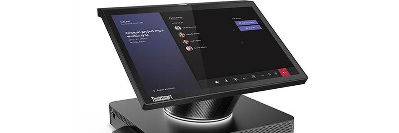 Der ThinkSmart Hub bietet ein um 360 Grad drehbares Touchdisplay für den Zugriff auf die Meetingsteuerung der Microsoft Teams Rooms.