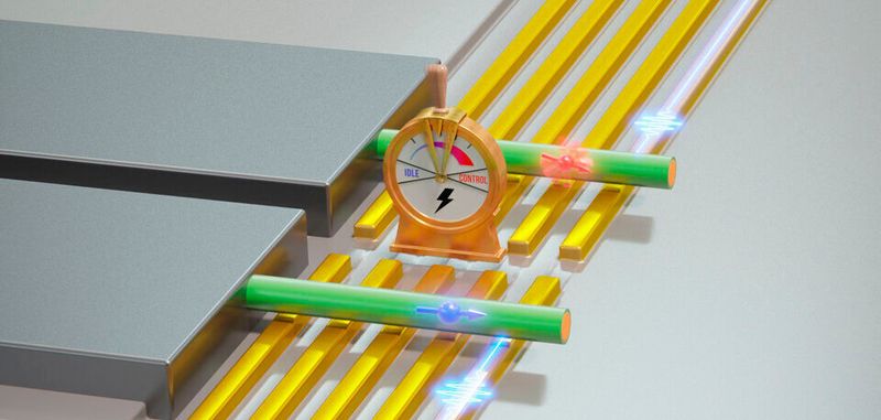 Elektrisch schaltbares Qubit: Ein Nanodraht aus Germanium und Silizium (blau/grün) liegt auf Elektroden auf, den sogenannten Gates (golden). Durch das Anlegen von Spannungen an den Gates bilden sich einzelne Spin-Qubits (blaue und rote Pfeile), die sich durch Mikrowellensignale manipulieren lassen (blaue Pulse). Im einen Modus ist das Qubit langsam und die Quanteninformation stabiler (blauer Spin), im anderen Modus kann das Qubit schneller verändert werden (roter Spin).
