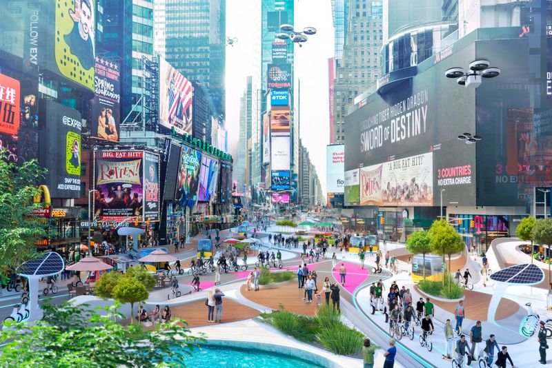 Die Designer streichen Bürgersteige und Straßen und ersetzen sie durch „organische, urbane Landschaften“. So könnte der berühmte Times Square in New York schließlich aussehen.