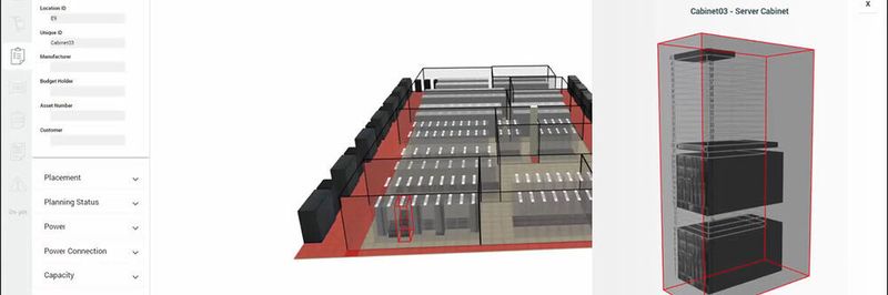 „6sigmaDCX“ von Future Facilities adressiert unter anderem Planer und Betreiber von Unternehmensrechenzentren. Im Bild sind die für eine Aufgabe unzugänglichen Racks 'ausgegraut'. Einzelne Bereiche lassen sich auswählen.