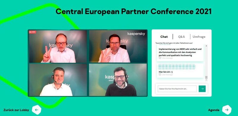 Moderator Martin Puscher, Geschaeftsführer Christian Milde, Channel Account Manager Sören Kohls und Head of Channel Germany Waldemar Bergstreiser bei der virtuellen Partnerkonferenz von Kaspersky.