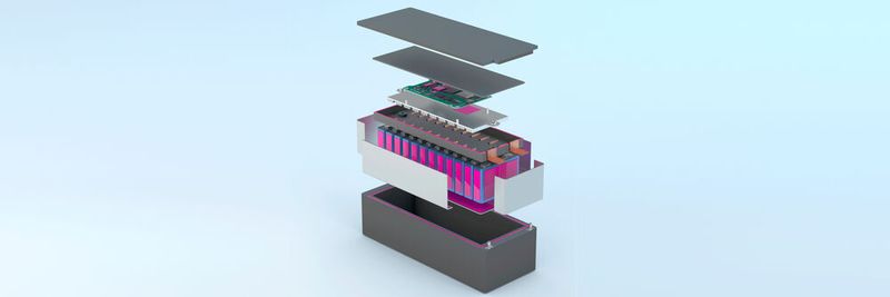 Wärmeleitfähiger Klebstoff (zur Illustration magenta eingefärbt) für Niedervolt-Batteriesysteme wie in Mildhybrid-Fahrzeugen.