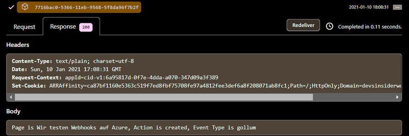 Unsere Azure-Function analysiert einen Webhook-Request und liefert eine Antwort zurück.