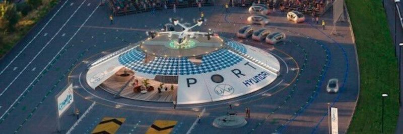 A mock-up of the Air-One site with a Hyundai eVTOL on top.