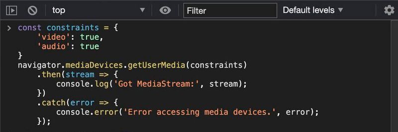 In die JavaScript-Konsole des Chrome-Browsers eingefügter Media-Stream-Aufruf.