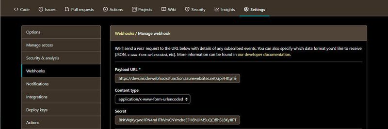 In den Webhooks-Einstellungen von GitHub können wir ein eigenes Secret für unsere Payload-URL hinterlegen.