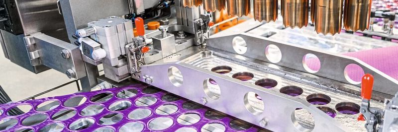 Da die Folie zum Versiegeln der Kapseln schräg zugeführt und mit Versatz gestanzt wird, ist eine optimale Materialausnutzung gegeben.