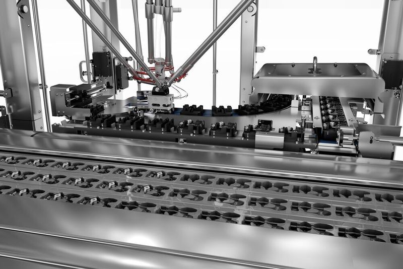 Die Ventilsets werden aus der Assemblierung über Produktträger automatisch dem Verpackungsprozess zugeführt.