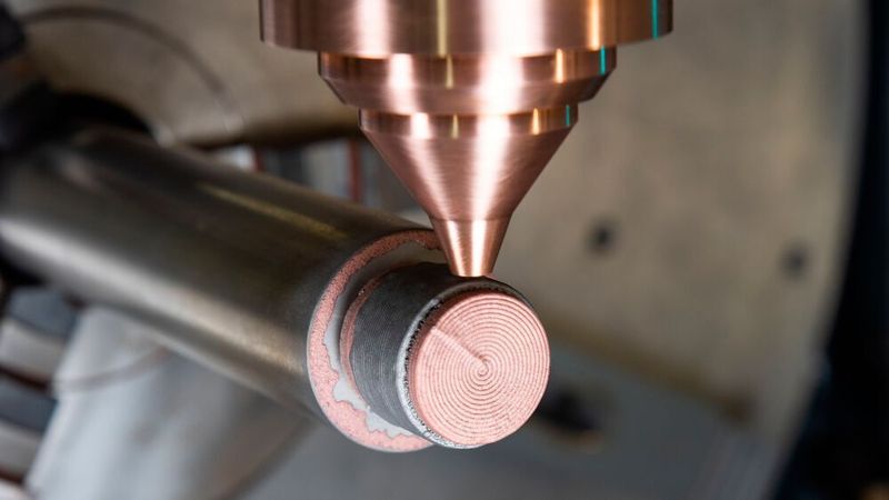 Additive Fertigung eines Werkzeugeinsatzes aus Reinkupfer und Einsatzstahl 1.2764 durch Laserauftragschweißen mit grünem Laser. Die additive Fertigung mit Kupfer ist eines von sechs Themen auf dem Fraunhofer-Fachforum.