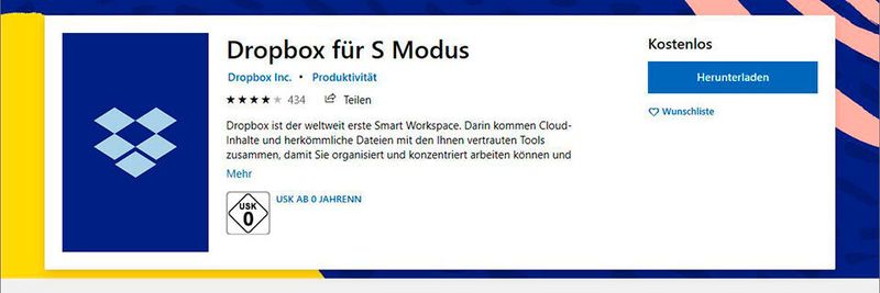 Dropbox kann über den Webbrowser und gleichzeitig auch per App in Windows (beziehbar über den Microsoft Store, im Bild) und macOS genutzt werden. Auch in Linux kann Dropbox eingebunden werden.