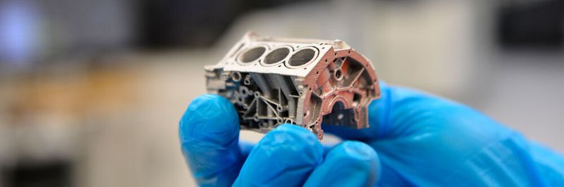 This aluminum 6061 engine block model demonstrates the high resolution and geometric control that can be produced in a new patent-pending binder jet 3D printing and sintering process developed by ExOne and Ford Motor Co.
