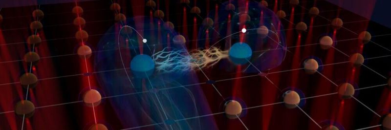 Illustration of the interaction between two Rydberg atoms in a dynamic arrangement of trapped atomic qubits.
