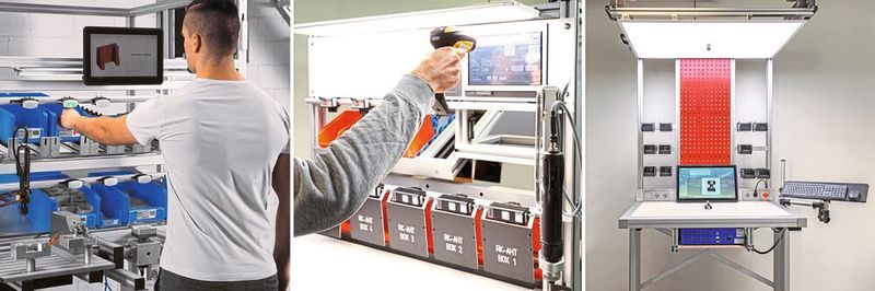 Assistenzsysteme wie Setago-Pick-to-Light, Poka Yoke und Schlauer Klaus leiten den Werker anhand visueller Hinweise durch die Montage und dienen der Qualitätssicherung.