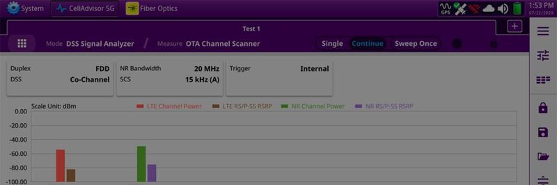 Der Viavi CellAdvisor 5G hilft mit seinen parallelen Over-the-Air-Messungen von LTE und 5G NR bei der Einführung von 5G in LTE-Netzen mittels Dynamic Spectrum Sharing (DSS).