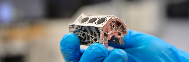 Dieses Modell eines Motorblocks aus Aluminium 6061 demonstriert die hohe Auflösung und geometrische Freiheit, die mit dem weiterentwickelten Binder-Jetting- und Sinterverfahren möglich ist.