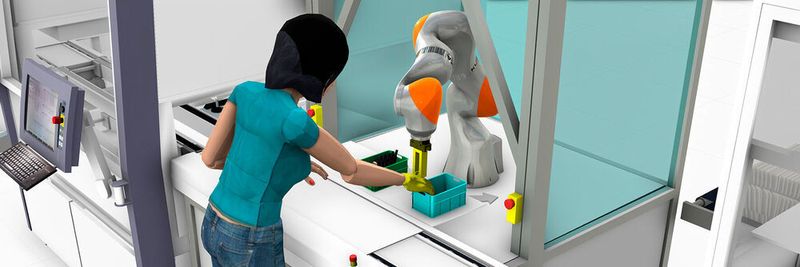 Präzise Modelle von Mensch und Roboter bilden die Grundlage des Cobot-Planers des Fraunhofer IFF, der die Planung eines sicheren Mensch-Cobot-Arbeitsplatzes unterstützt.