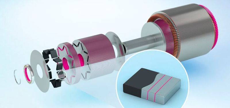 Explosionszeichnung eines Elektromotors im Auto. Der Klebstoff ist zur Illustration magenta eingefärbt.