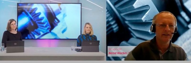 Einen virtuellen Vorgeschmack auf das Update Antriebstechnik vermittelte das Digital Kick-off Ende März. Bernd Wacker (re.) stand Rede und Antwort zum Antrieb 2030. Links im Bild die beiden Moderatorinnen Sandra Häuslein (li.) und Ute Drescher, Chefredakteurin der Medienmarke konstruktionspraxis.