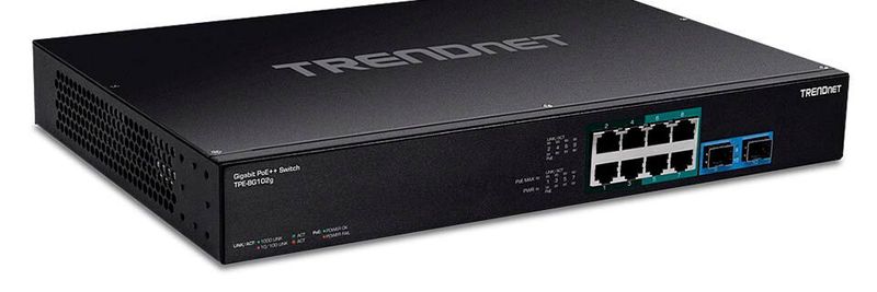 Der Trendnet-Switch TPE-BG102g besitzt vier Gigabit-UPoE/PoE++-Ports, vier Gigabit-PoE+-Ports und zwei SFP-Steckplätze.