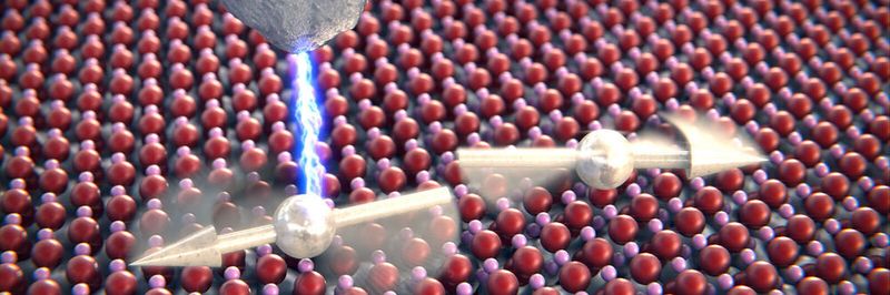Künstlerische Darstellung des Experiments: Die Forscher haben mithilfe eine Stromstoßes den Spin von einem der zwei miteinander kommunizierenden Atome umgedreht. Doch die Kohärenz ist erhalten geblieben. Das hat womöglich Folgen für den Computerbau.