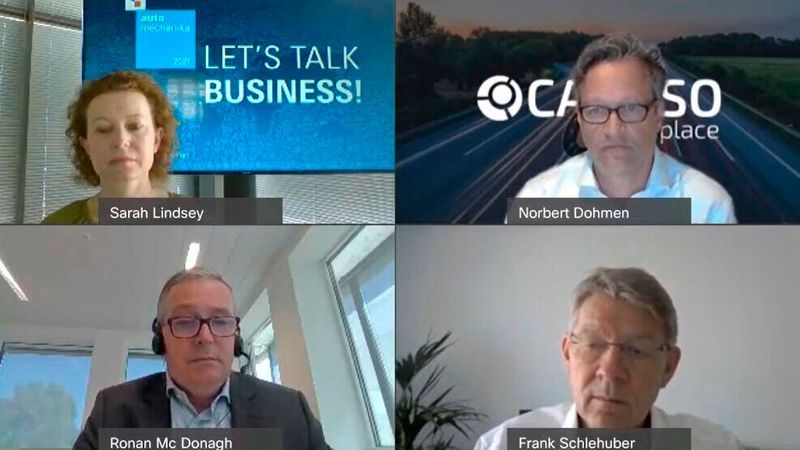Teilnehmer beim Web-Format „Let’s talk business“, moderiert von Sarah Lindsey (links oben).