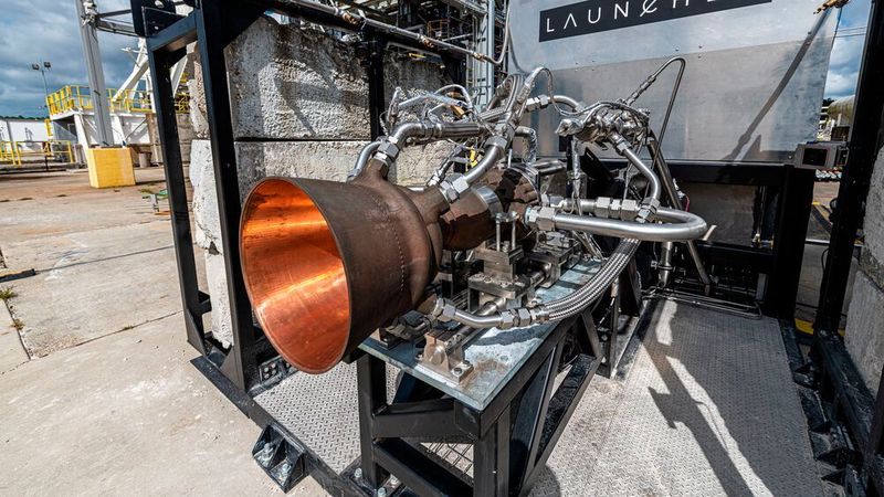 Die 3D-gedruckte Raketentriebwerk-Brennkammer auf dem Launcher-Teststand im NASA Stennis Space Center. Zusammen mit der ebenfalls additiv gefertigten Einspritzdüse bringt das komplette E-2-Raketentriebwerk auf der ersten Stufe der Trägerrakete Kleinsatelliten in den Orbit.