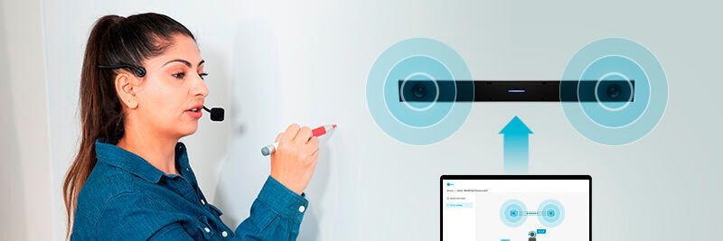Das HDL300 und das Dual HDL300 von Nureva unterstützen die Stimmenverstärkung bei gleichzeitiger Mikrofonabdeckung im Raum.