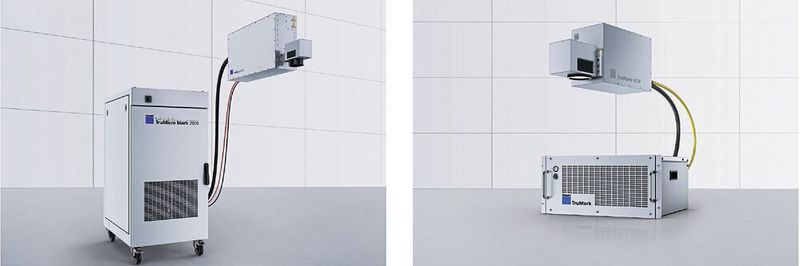 Zwei Komplettlösungen von Trumpf zum Markieren spritzpassivierter Medizinstähle: Der Beschriftungslaser Trumicro Mark 2000 (links) für Black-Marking-Beschriftungen mit ultrakurzen Laserimpulsen und der Beschriftungslaser Trumark 6030 (rechts) für Anlassbeschriftungen mit Nanosekundenpulsen.