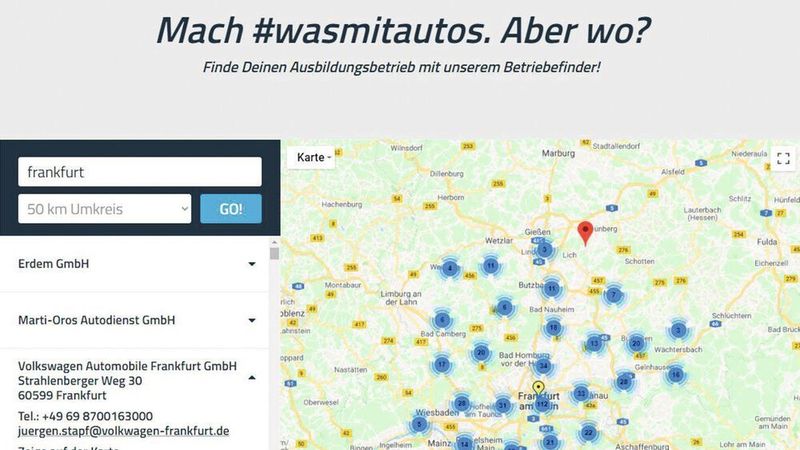 Der Betriebefinder der Initiative „Autoberufe“ spürt die Ausbildungsbetriebe im gewünschten Ort auf, idealerweise mit allen für den interessierten Jugendlichen wichtigen Informationen.