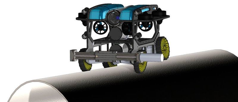 Zeichnung des geplanten Inspektionsroboters auf Basis eines BlueROV2. Neu sind der Radantrieb, ein optronisches System und Sensormanschetten.