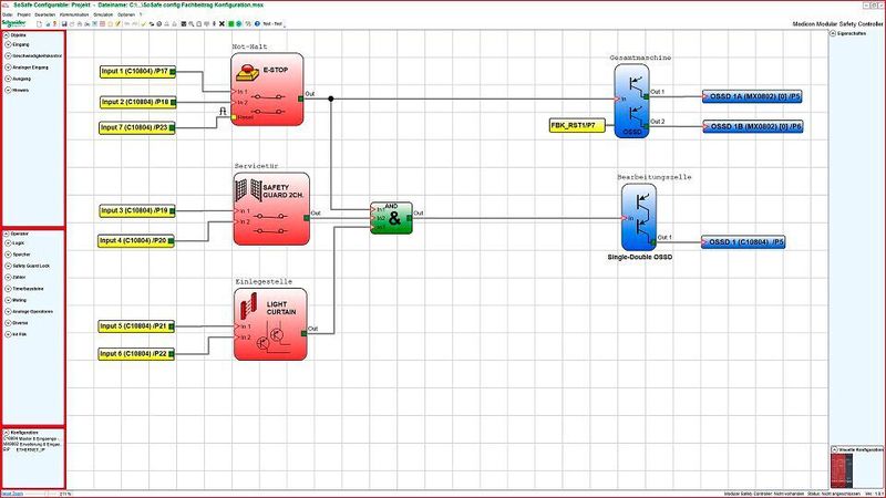 Die Konfiguration der Modicon MCM Safety Controller erfolgt innerhalb der lizenzfreien Software „SoSafe Configurable“. Mithilfe einfacher Linien wird die logische Verbindung zwischen den Funktionsblöcken etabliert.