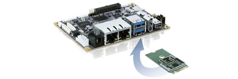 Bild 1: Die KI-Plattform AI-pITX-100-GC besteht aus einem M.2-Modul mit dem Google-Coral-Beschleuniger-Chip für das Software-Ecosystem TensorFlow Lite auf einem 2,5“-pITX-Single-Board-Computer von Kontron mit einem NXP i.MX8M-Prozessor.