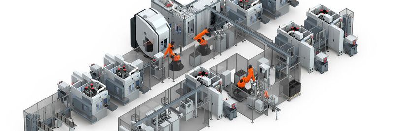 With twelve main and various secondary operations to the completely machined rotor shaft. The automation and interlinking of the individual machines and stations is carried out with robots, gantry systems and Emags's own Track Motion system.