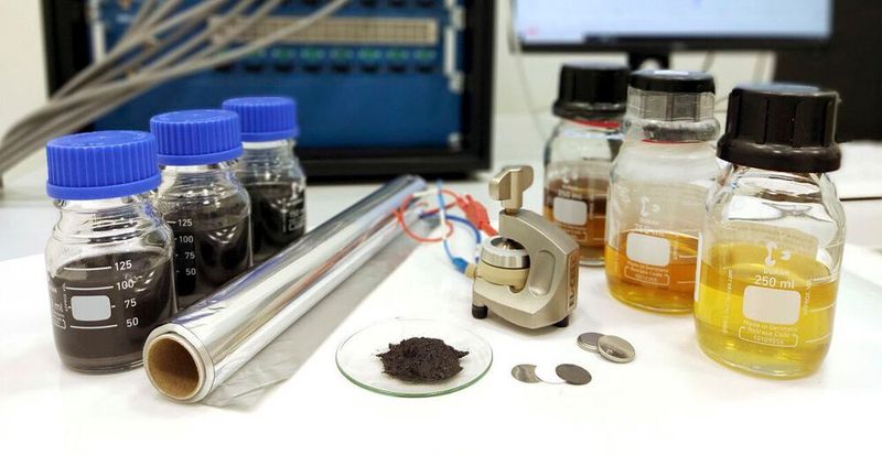 Die wichtigsten Komponenten einer Aluminium-Ionen-Batterie: Graphitpulver, Aluminium-Folie und ein spezieller Elektrolyt, der aus einer bei Raumtemperatur flüssigen Salzschmelze besteht.