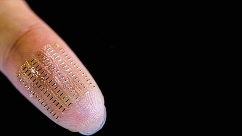 Eine Anordnung von 90 flexiblen und implantierbaren sogenannten Nano-Biosupercapacitors (nBFCs). Diese ermöglichen den autarken Betrieb von Mikrosensorik für den Einsatz unter anderem im Blut.