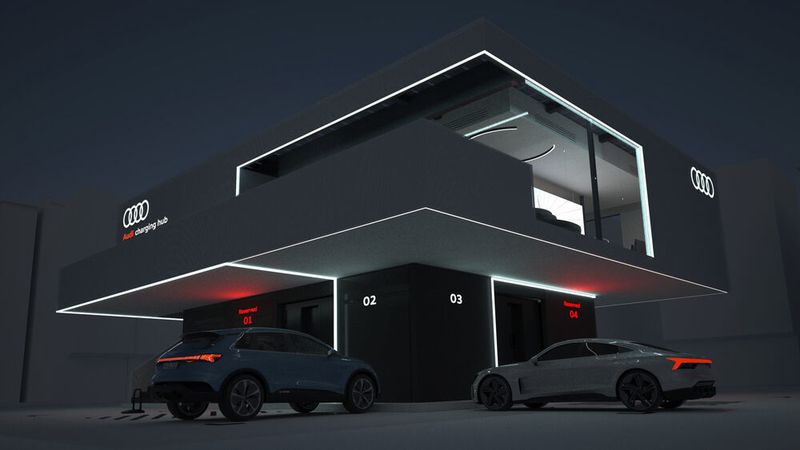 Unten laden, oben die Zeit verbringen: Die „Charging Hubs“ sollen Ladestopps in angenehme Pausen verwandeln.