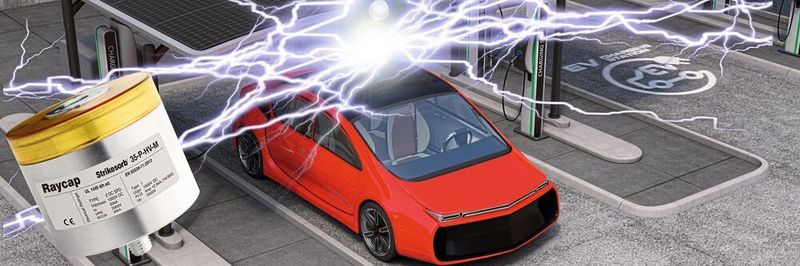 Gefahr beim Laden: Die empfindliche EV-Ladeinfrastruktur muss zuverlässig vor Blitz- und Überspannungsereignissen geschützt werden. Die Strikesorb-Technologie von Raycap stellt diesen Schutz sicher.